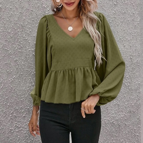 Boho lantern sleeve ruffle hem blouse khaki - Picture 10 of 14